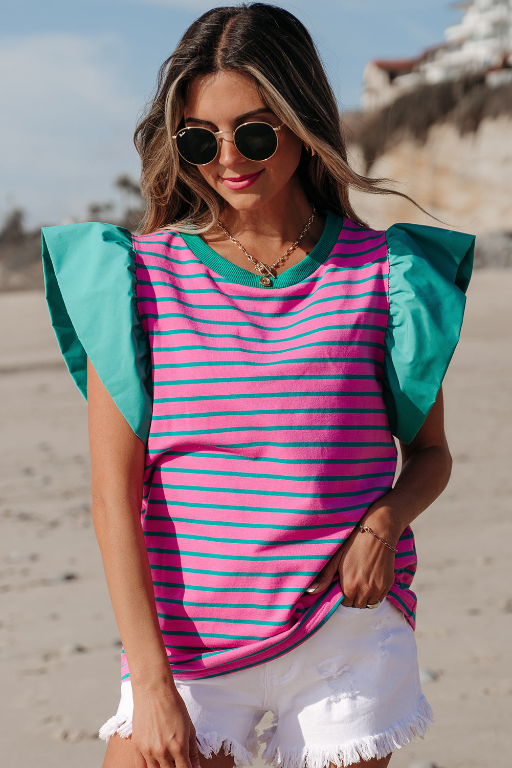 Colorblock Ruffled Sleeve Blouse
