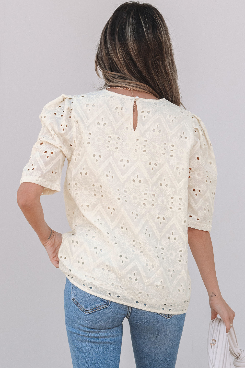 Women Eyelet Half Sleeve Blouse Back