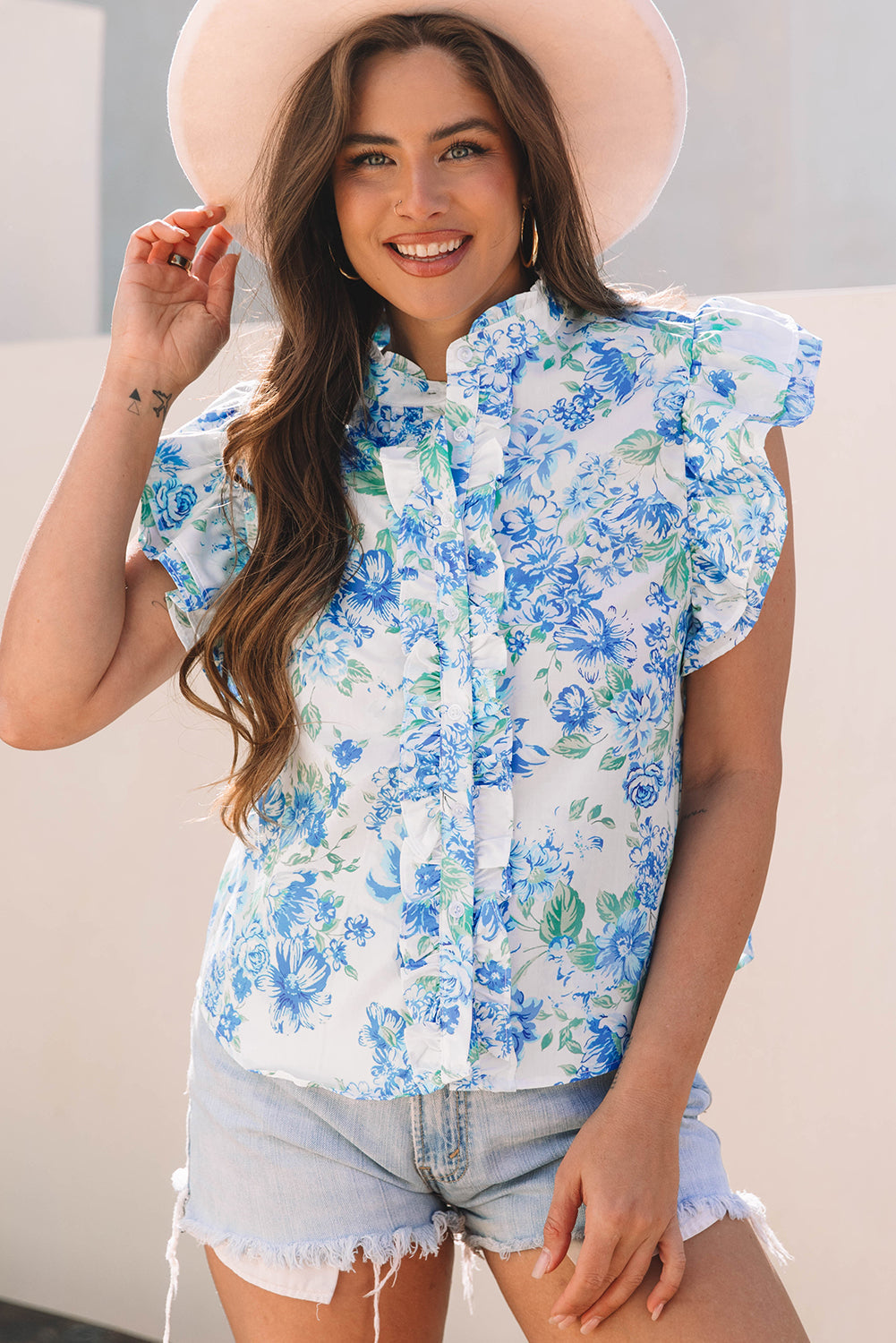 Sky Blue Floral Print Ruffle Shirt