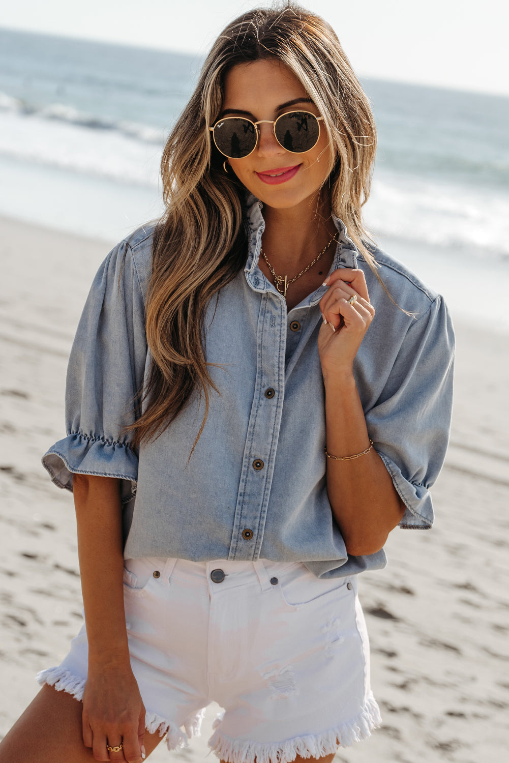 Women Puff Sleeve Chambray Shirt Front