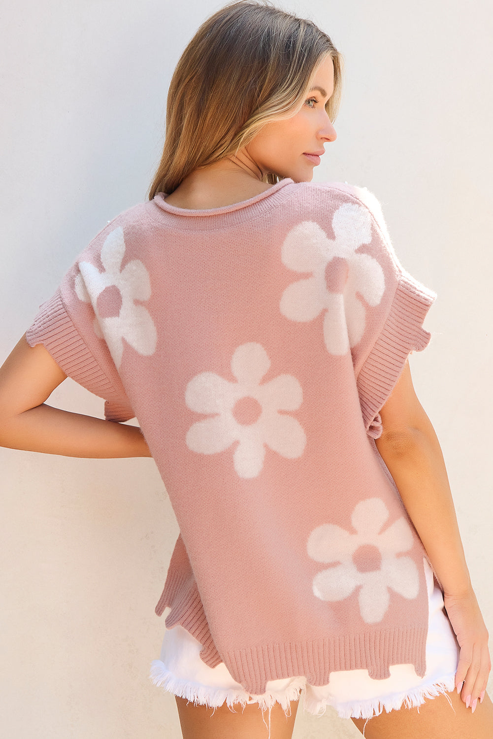 Distressed Hem Flower Sweater T-Shirt