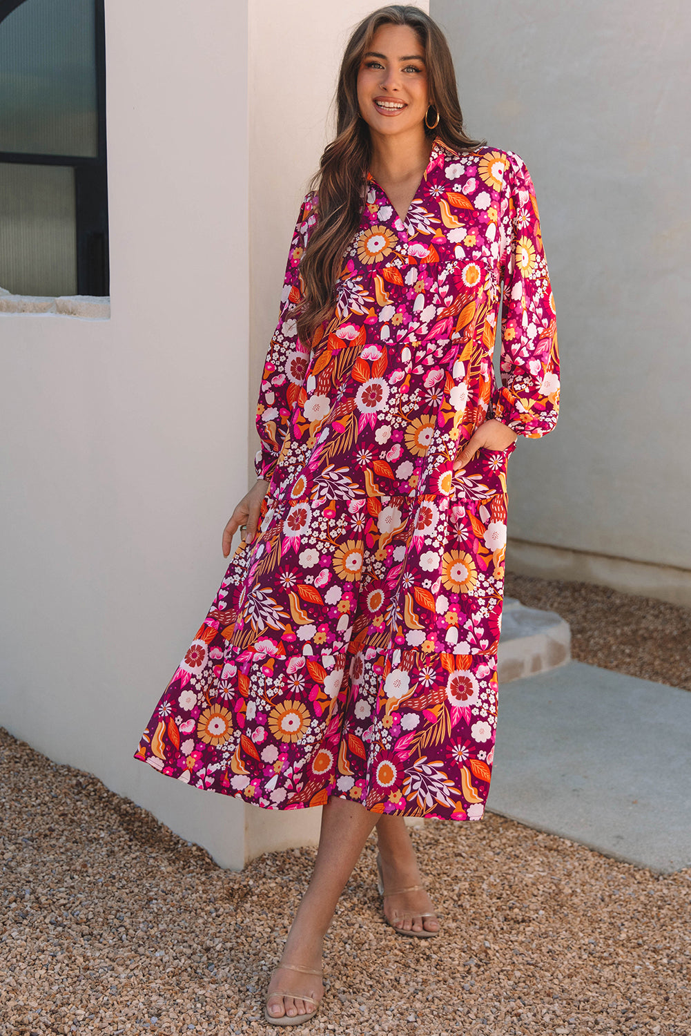 Women Collared Tiered Long Dress Front