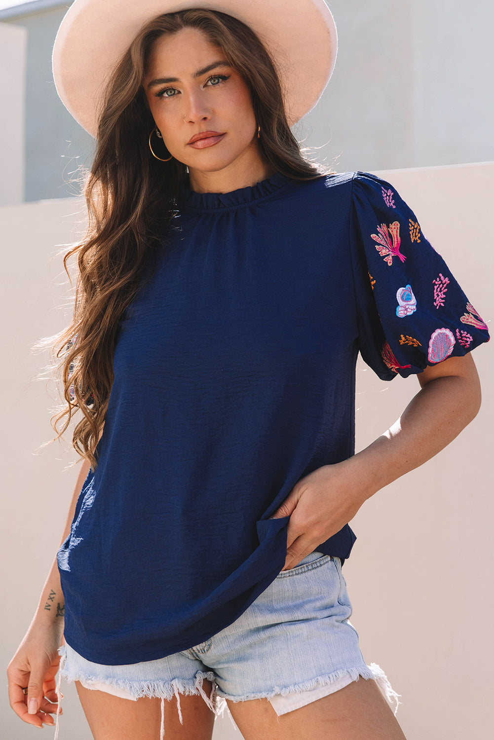 Women Embroidered Puff Sleeve Blouse Front