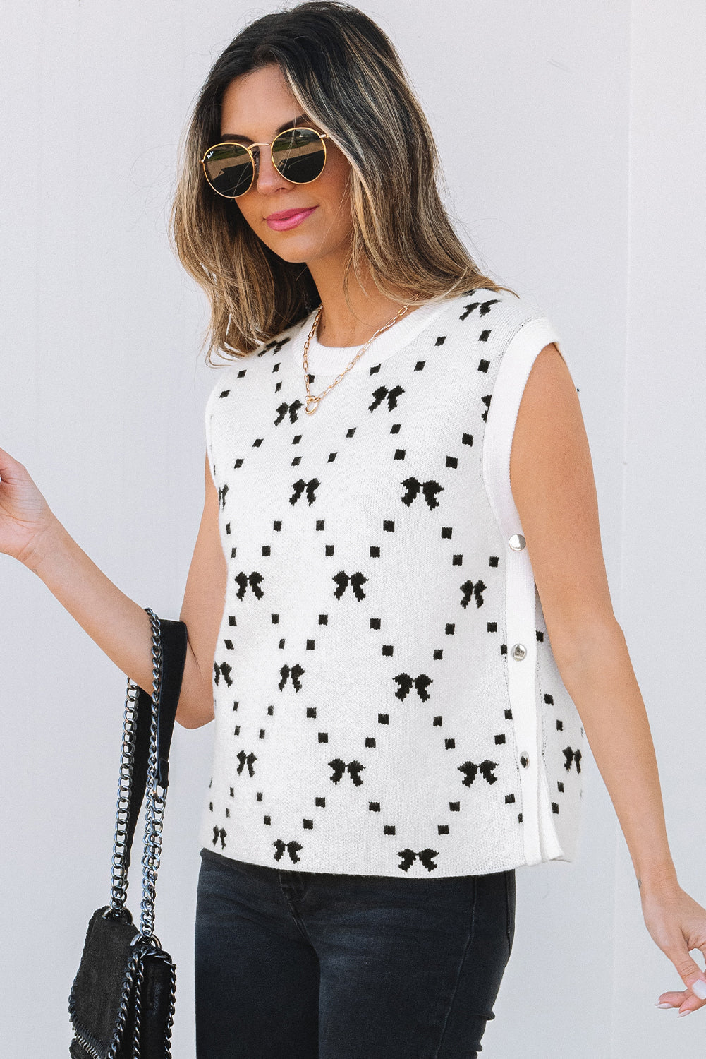 Bow Pattern Cropped Sweater Vest