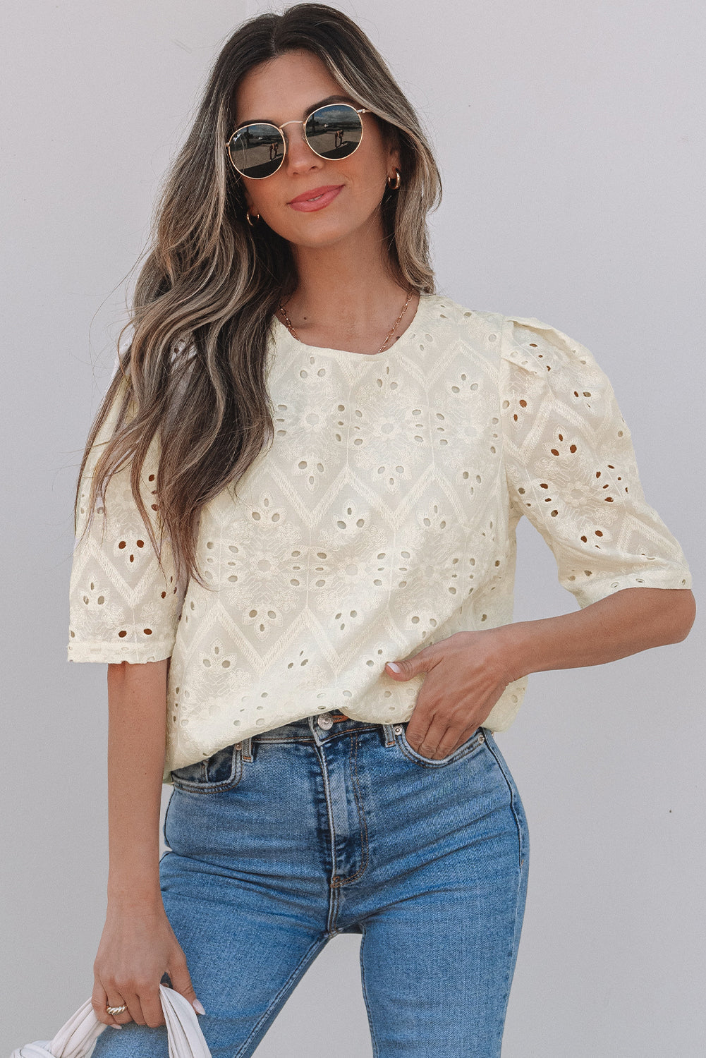 Women Eyelet Half Sleeve Blouse Front