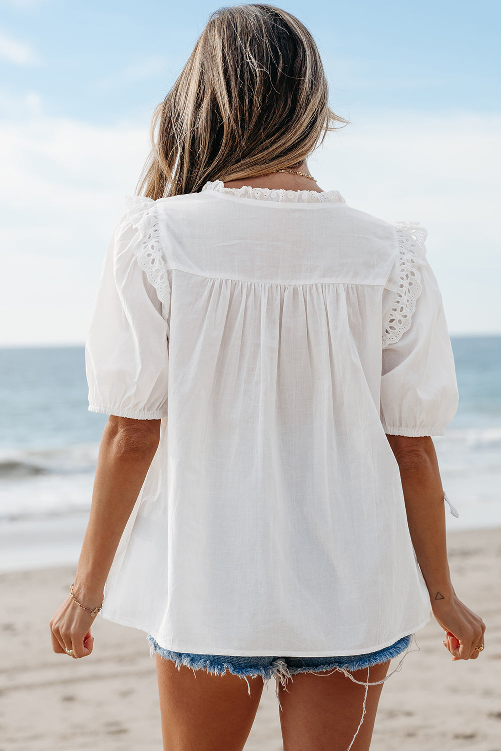 Women Lace Tie Neck Puff Sleeve Blouse Back