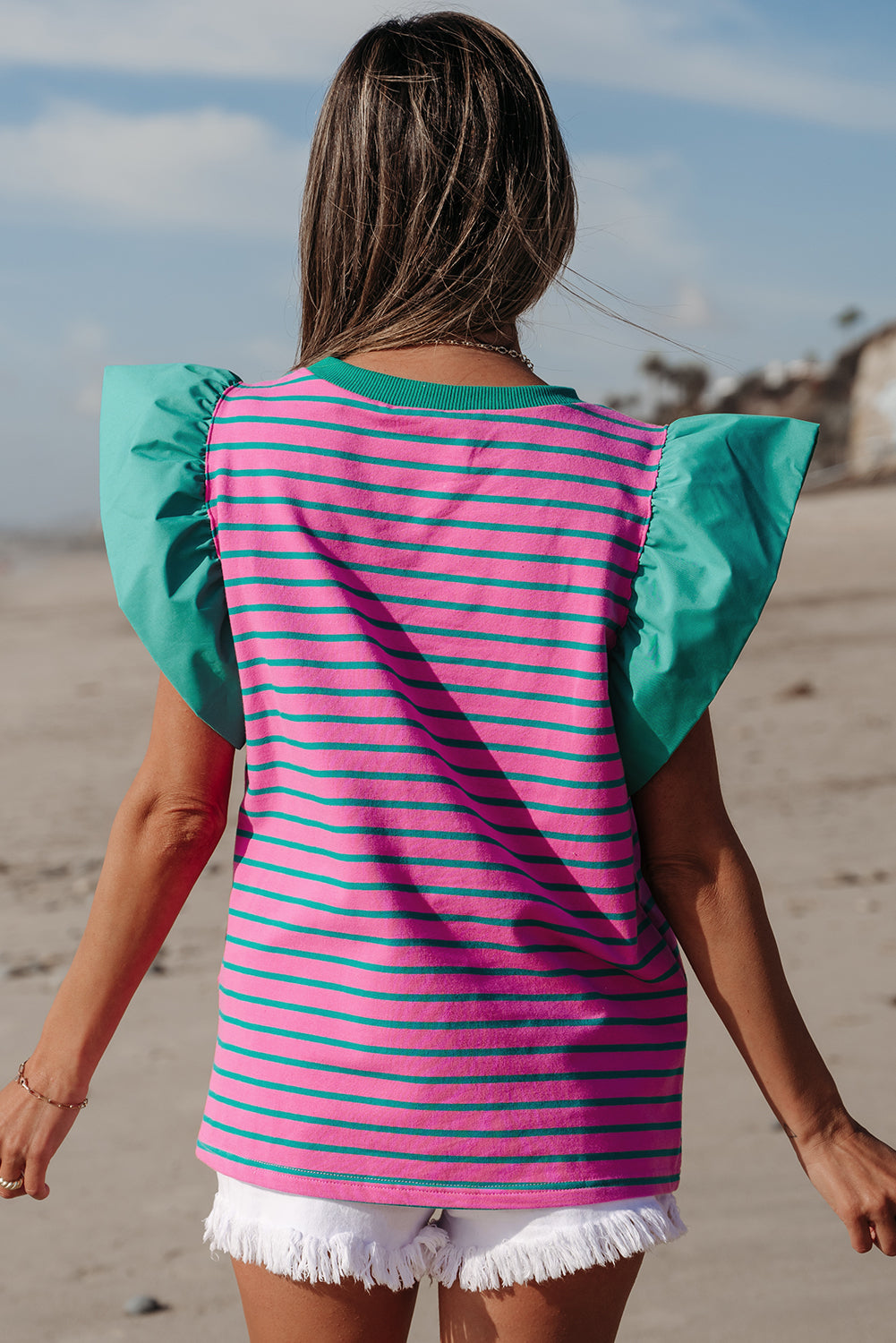Stripe Crew Neck Blouse with Ruffle Sleeves