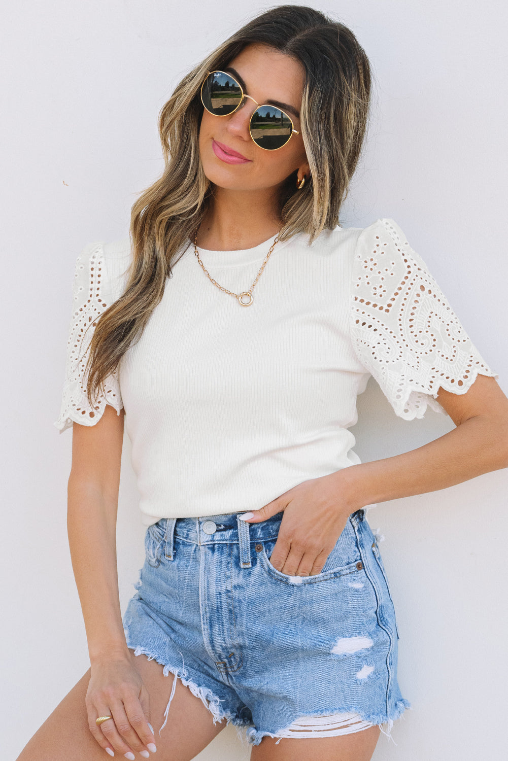 Women Eyelet Short Sleeve Top Back