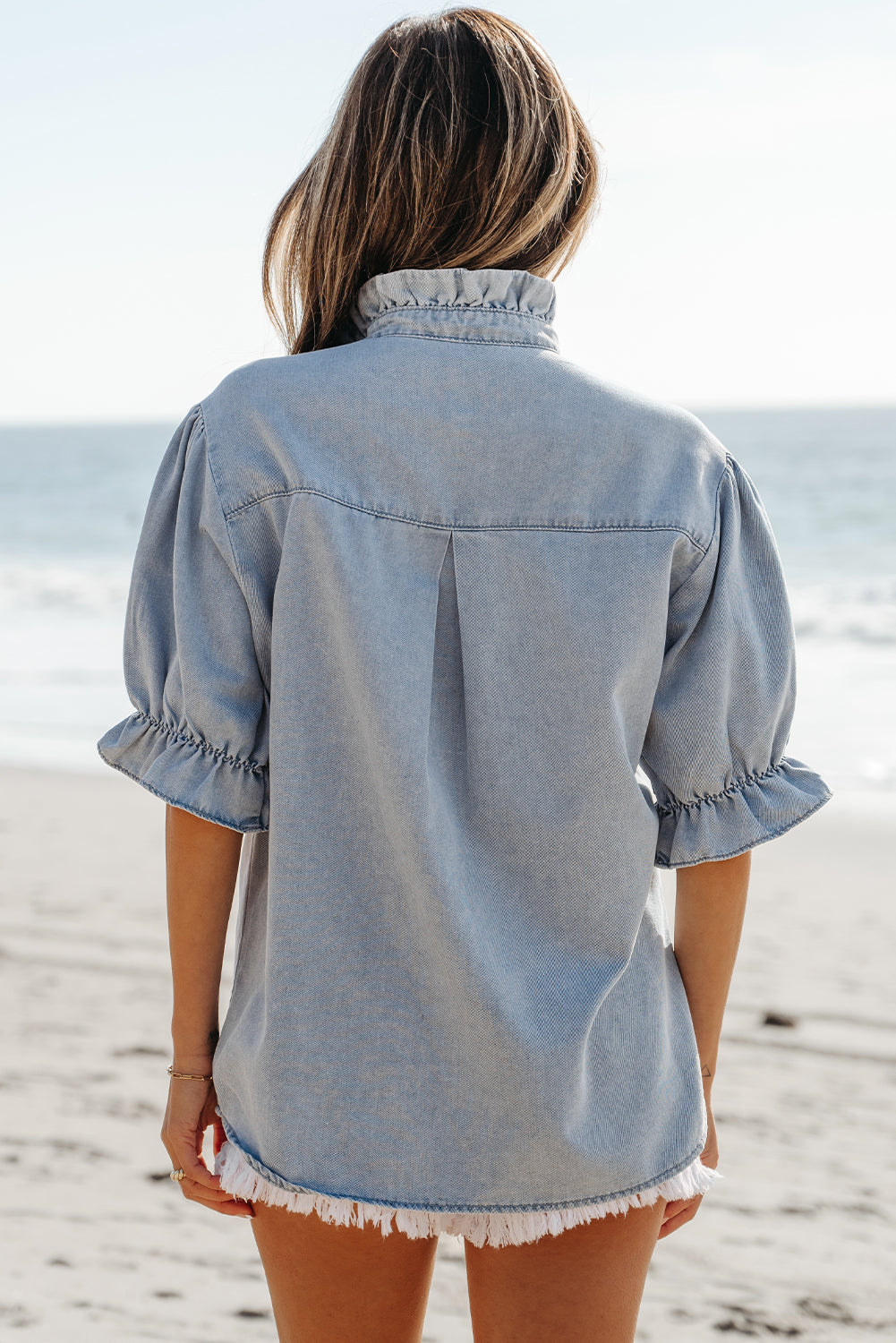 Women Puff Sleeve Chambray Shirt Back