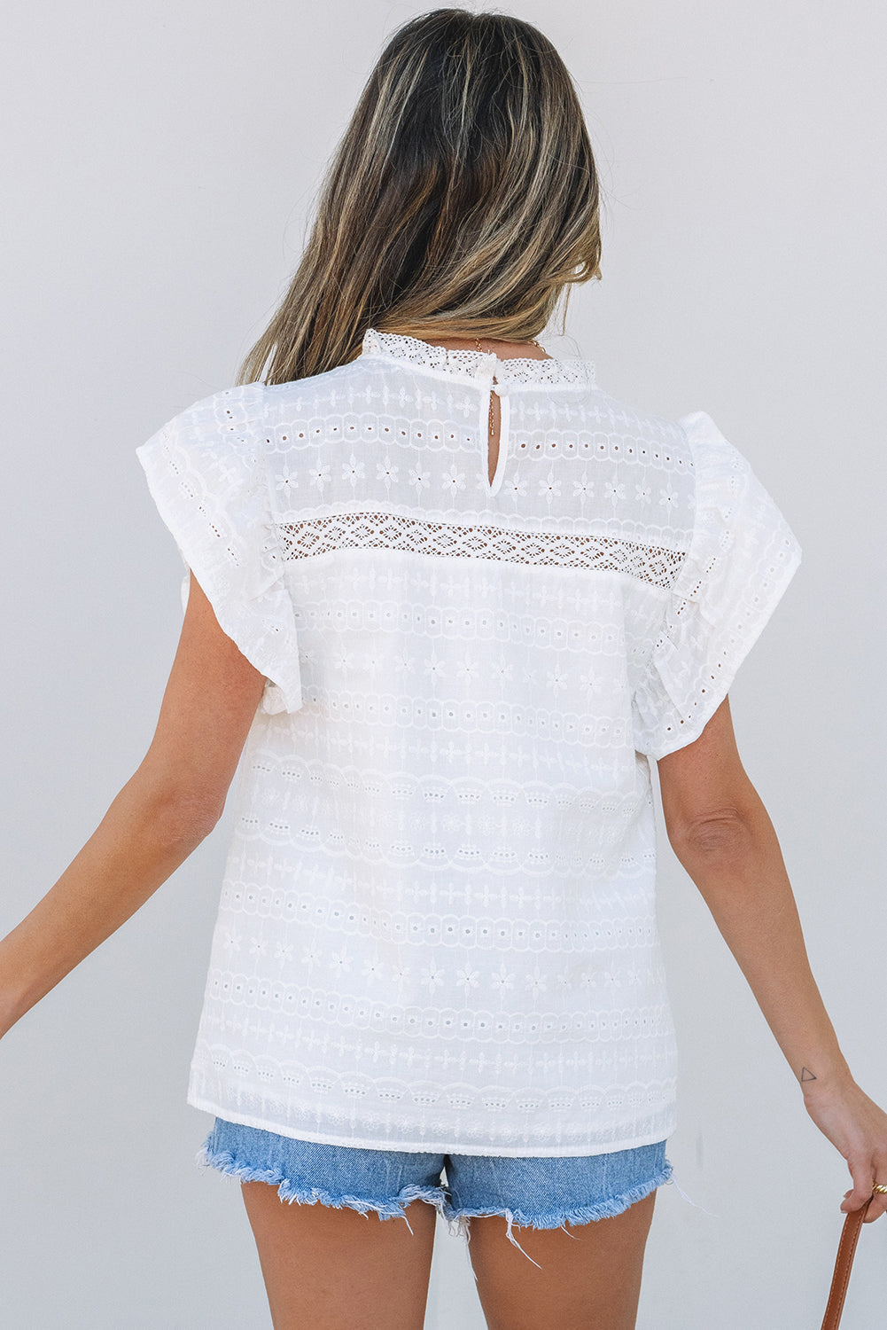 Lace Neckline Flutter Sleeve Blouse